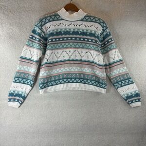 Vintage Amanico Cotton Ramie Chunky Pastel Pink Fair Isle Knit Mock Neck Sweater